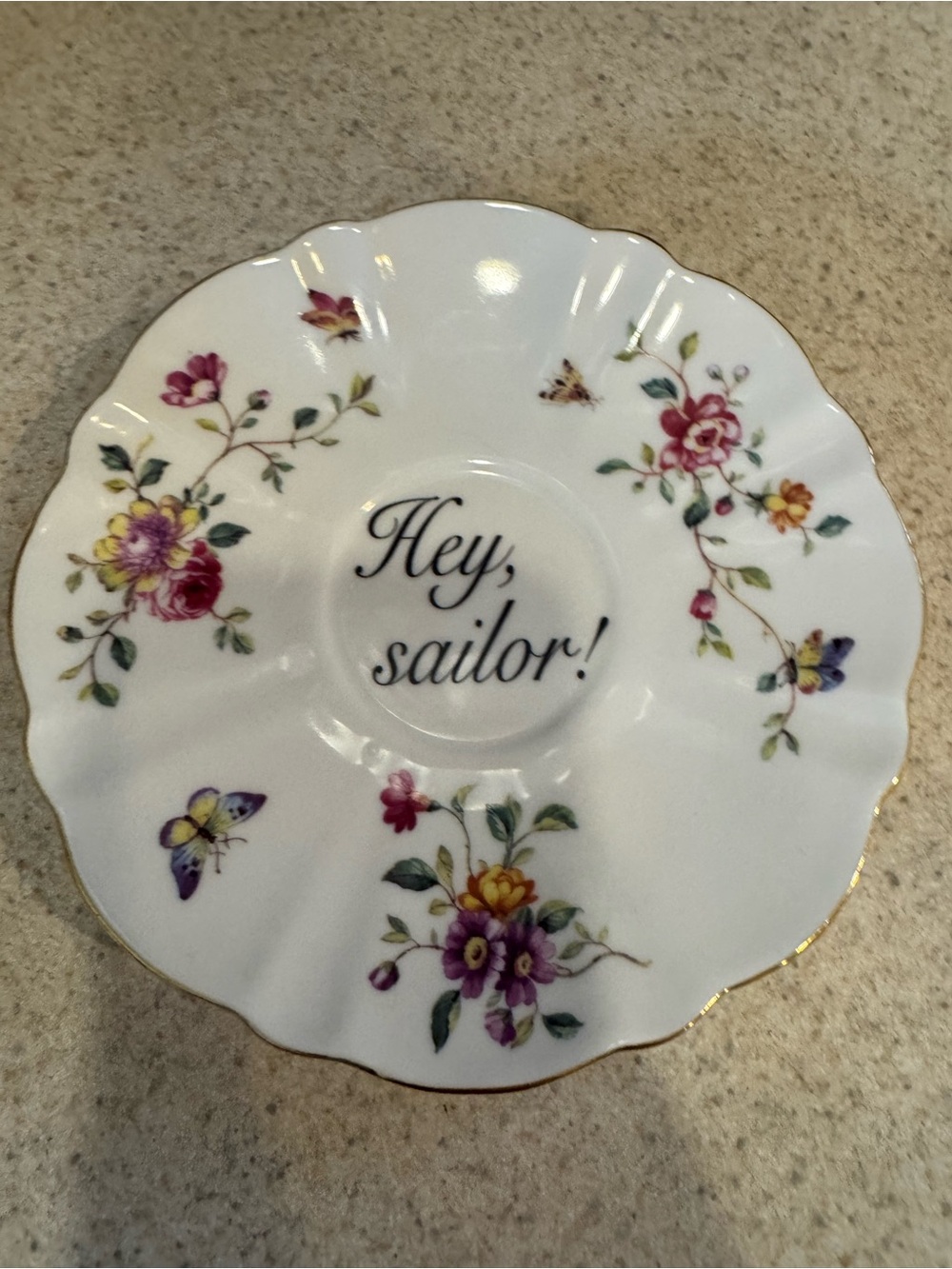 Decorative Floral 'Hey, sailor!' White Porcelain Saucer